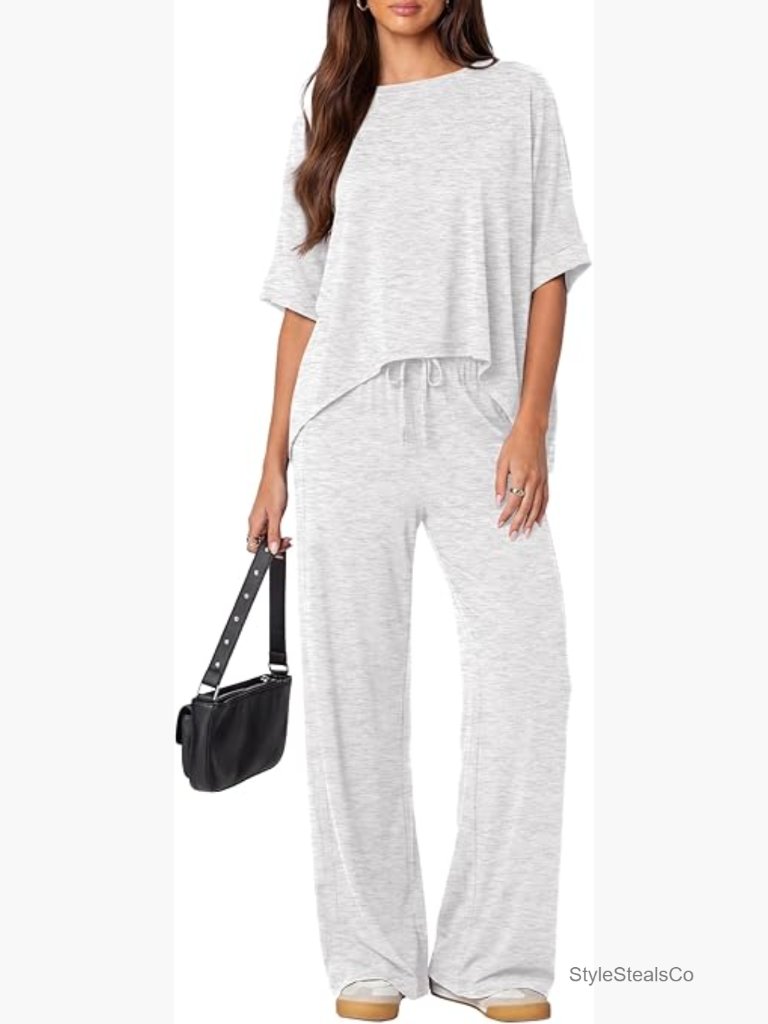 Two Piece Lounge Set Short Sleeve Top Wide Leg Pants Tracksuit